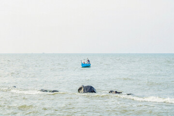 old man on a boat fishing in the sea from a distance