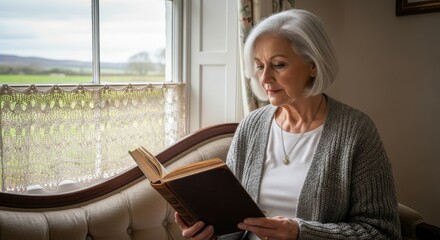 Senior woman reading a book by the window at home