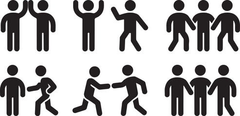 People movement and interaction icon collection in simple silhouette style for teamwork and connection themes