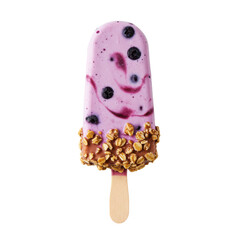 Colorful frozen dessert on a stick with blueberry swirls and crunchy topping