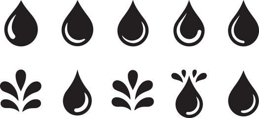 Vector splash and water drop icons – bold illustrations of liquid dynamics, impact, and wet elements for eco, drink, and clean design themes