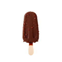 A chocolate ice cream popsicle on a wooden stick set against a plain background