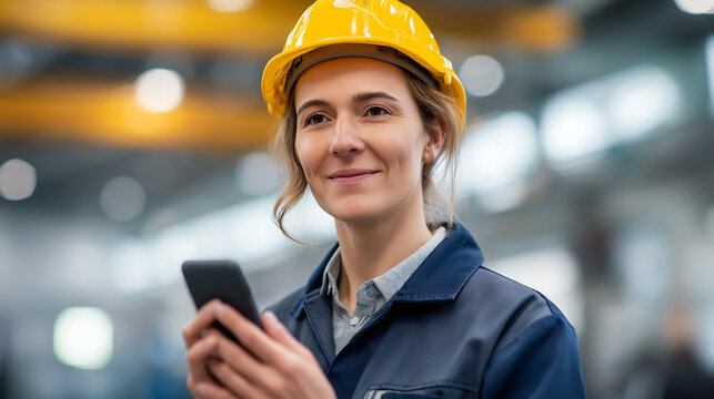 Female Industrial Worker in Hard Hat Using Mobile Phone in Factory