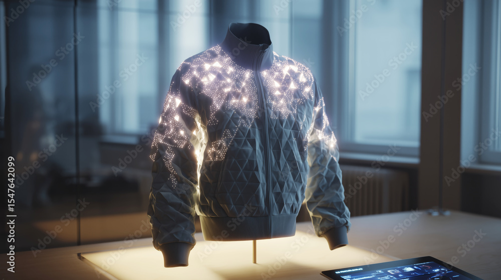 Aufkleber An advanced jacket made from nanofabric is on display in a futuristic environment. The garment features dynamic glowing patterns that highlight its sophisticated design, captivating viewers.