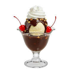 Delicious sundae with chocolate sauce, whipped cream, and cherries in a clear glass dish
