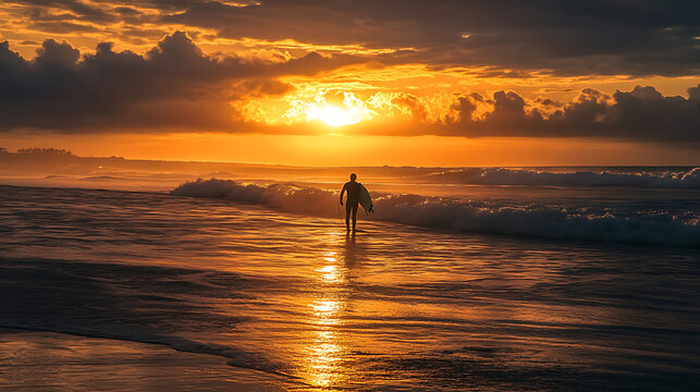 A majestic seaside sunrise with a solitary surfer preparing to ride the waves (1) - Powered by Adobe