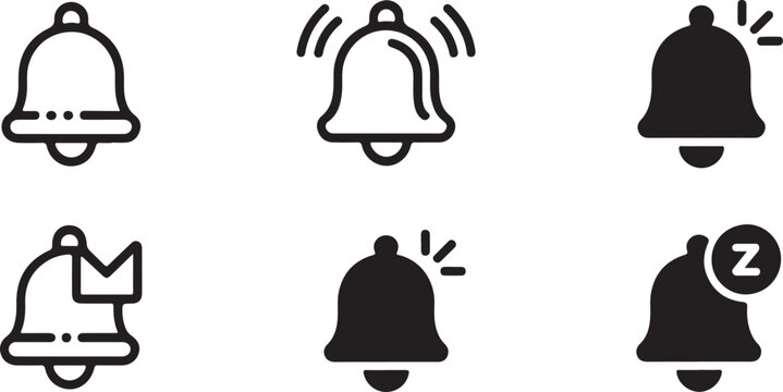 Bold and clean vector bell icons for app notifications, reminders, and sleep mode alerts