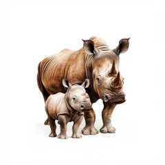 Fototapeta premium Sweet Watercolor Drawing of Baby Rhinoceros and Mother Rhinoceros