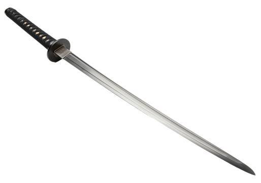 A katana sword with a black handle silver blade and round guard sits on a black background