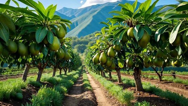 Lush mango orchard with rows of fruit-bearing trees and green leaves under clear sky and mountain background