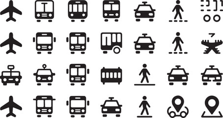 Solid Vector Icons for Travel, Transport, and Navigation
