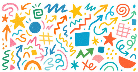 Playful abstract vector illustration featuring colorful hand-drawn doodles, including stars, arrows, geometric shapes, and expressive lines