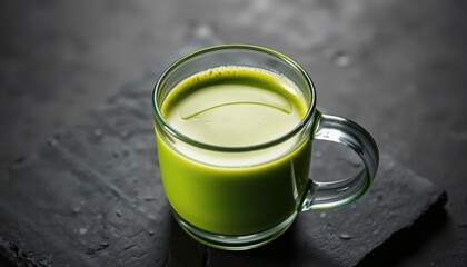 Green Matcha Tea in Glass Mug on Dark Stone Surface Refreshing Drink
