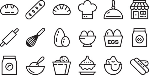  Clean Outline Icons of Bakery Equipment and Cooking Tools