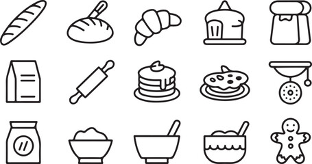 Outline Icons of Baking Tools, Pastries, and Bread