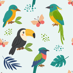 Seamless pattern, tropical birds and butterflies, toucans, parrots, foliage and soft shapes. For kids design and textile prints.