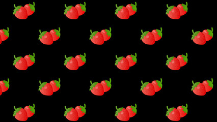 Obraz premium Black seamless pattern with red strawberry. Background red cherries and green leaves. Vector design sweet berries as wallpaper