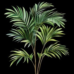 Botanical Illustration of Realistic Tropical Palm Leaves Against Black