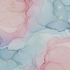 Abstract artwork of pastel fluid paint and golden glitter. Marble texture background with subtle hues for wedding invitation card.