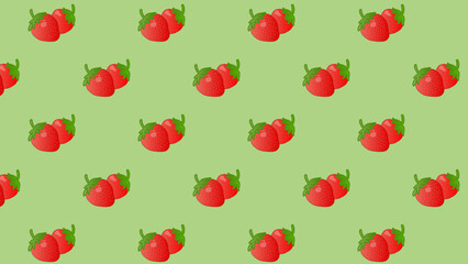 Green seamless pattern with red strawberry. Background red cherries and green leaves. Vector design sweet berries as wallpaper