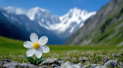 Alpine flower blooms against a backdrop of snow-capped peaks