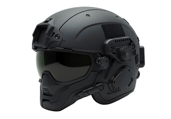 A matteblack futuristic tactical helmet with visor and intricate mechanical details on a black background