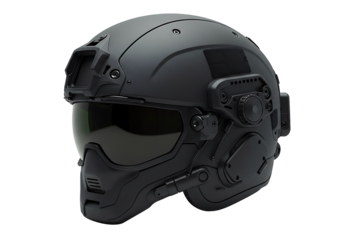 A matteblack futuristic tactical helmet with visor and intricate mechanical details on a black background