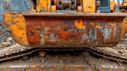 Close-up of a rusty orange bulldozer bucket