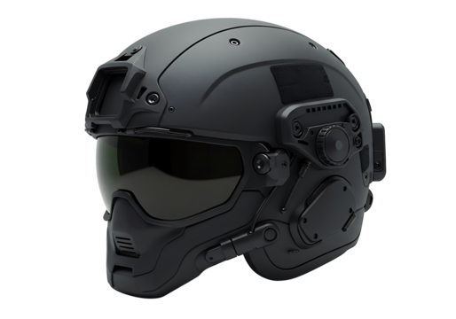 A matteblack futuristic tactical helmet with visor and intricate mechanical details on a black background
