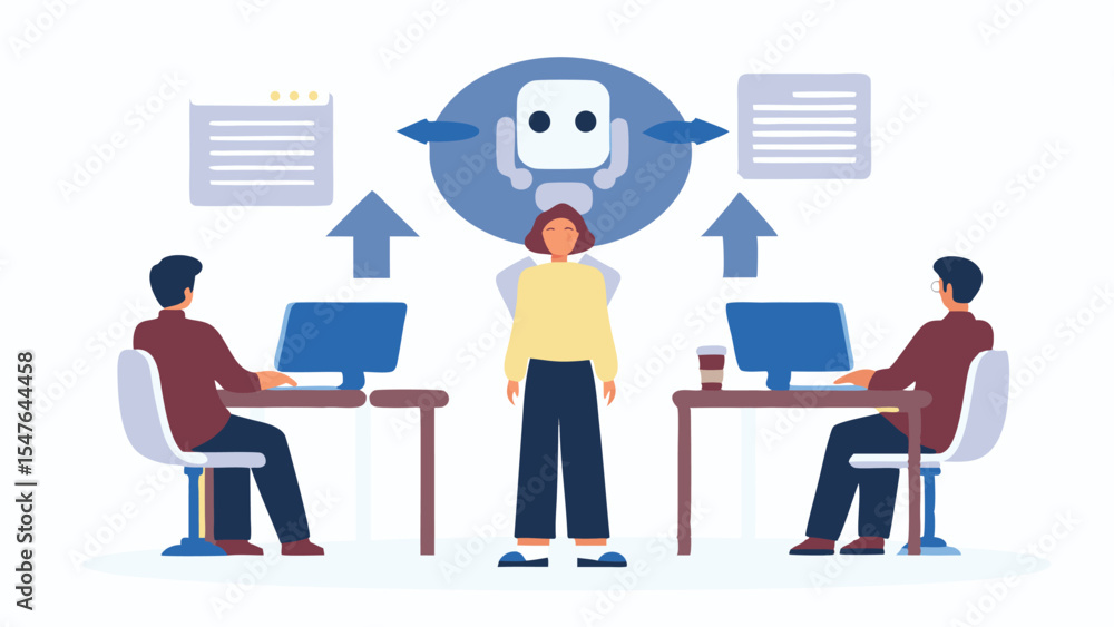 Aufkleber illustration of two workers and a woman with a robot in the background and arrows pointing up too