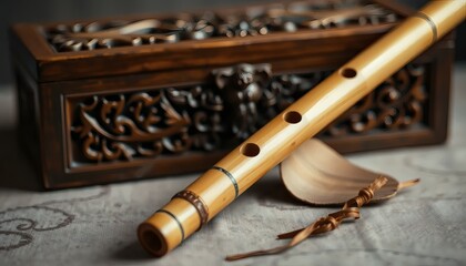Fototapeta premium Wooden Flute on a Table Near a Decorative Box Music and Art