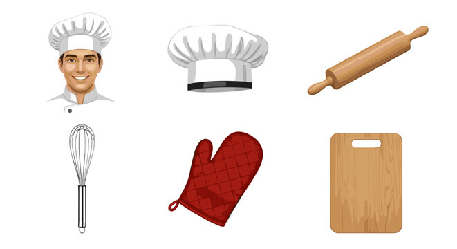 Illustration of a chef with tools including a whisk, rolling pin, and cutting board and oven mitts