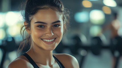 Young woman's radiant smile after a workout in a modern gym, promoting wellness and healthy lifestyle