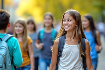 A group of smiling school children walks through a park filled with trees as the sun sets, sharing stories and enjoying the fresh air in the late afternoon. Back to school day. Generative AI.