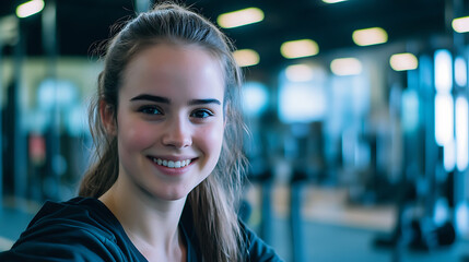 Smiling young woman radiates wellness after workout at a modern gym fitness center