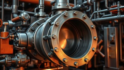 Fototapeta premium Industrial Machinery Close Up Showing Metallic Pipe and Valve Details for Manufacturing Processes