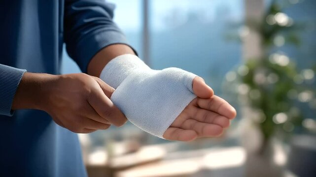 Caregiver applying splint on fractured finger with strap and wrap