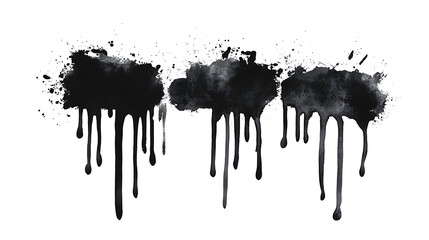 Dramatic black watercolor splashes with drips create captivating artistic effects for impactful designs and projects
