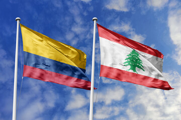 Colombian and Lebanese flags proudly wave together, symbolizing international relations, friendship, and cultural exchange.