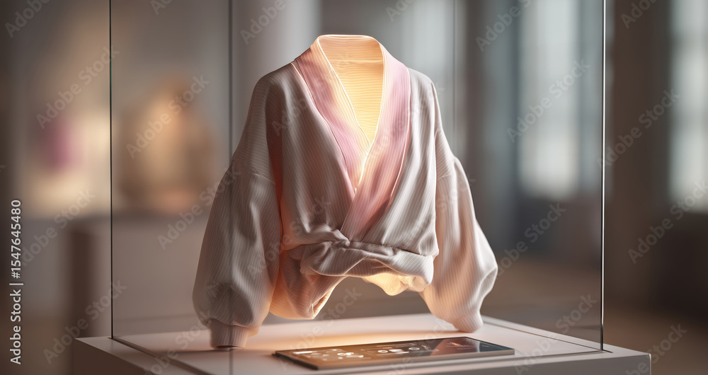 Poster A striking garment made from advanced nanofabric is presented in a sleek display.