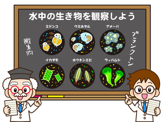 微生物とプランクトンの授業をする博士と助手のイラスト素材