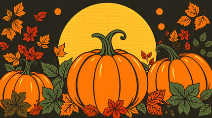 Naklejka premium Autumn motifs in retro Art Deco style featuring pumpkins and foliage