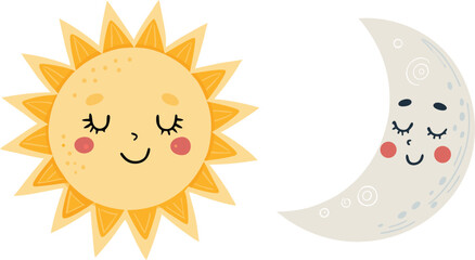 Obraz premium Cute Sun and Moon Illustration Representing Day and Night with Smiling Faces