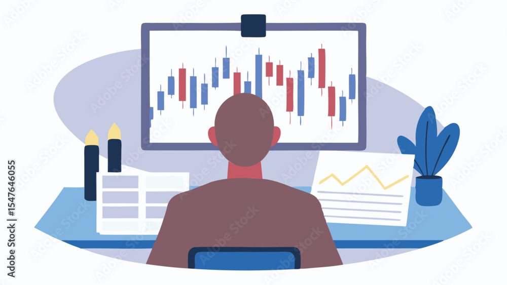 Poster person viewing stock market chart on computer with candles and documents on desk in an office settin