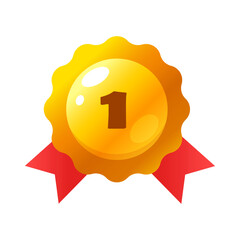 Golden number one award medal with red ribbon isolated on white background.	