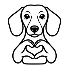 Cute cartoon dog making heart hands gesture outline vector illustration, pet love concept, black and white dog drawing for coloring pages
