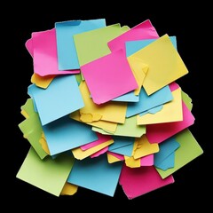 A colorful pile of square sticky notes in shades of pink blue green and yellow on a black background