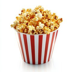 Striped Bucket Filled with Golden Popcorn Kernels Isolated on White
