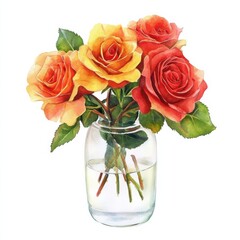 Vibrant Watercolor Painting of a Rose Bouquet in Clear Glass Jar