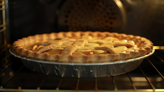 Classic apple pie baking in oven with golden crust  